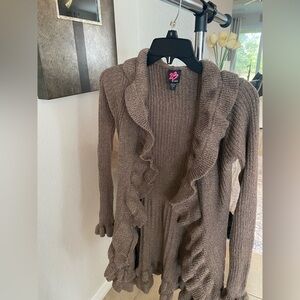 2B Bebe Brown Ruffle-Trim Open-Front Long Cardigan Sweater